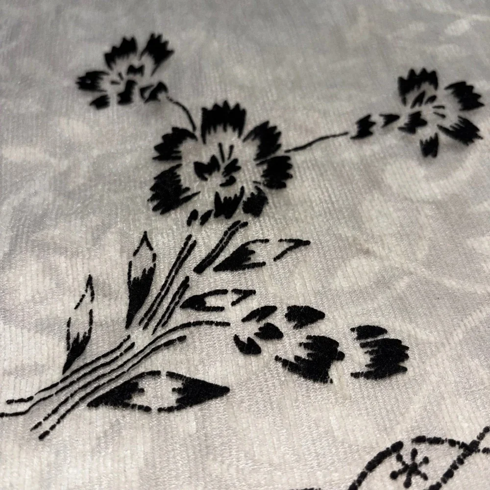 Vintage Made in Japan Sheer White Scarf Black‎ Floral Flocked Square Neckerchief